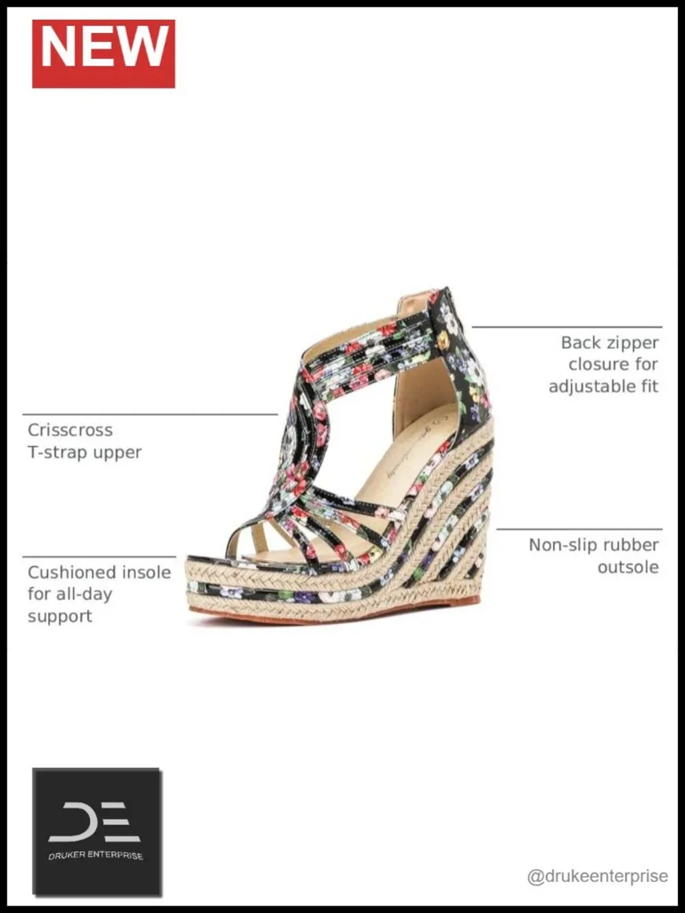 Women's Floral Wedge Sandals Ankle T Strap Open Toe Platform High Heels Dress